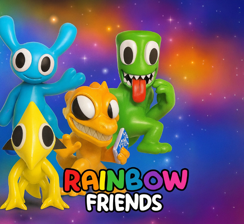 Värikkäitä hahmoja 'Rainbow Friends' -pelistä tekstillä 'RAINBOW FRIENDS'.