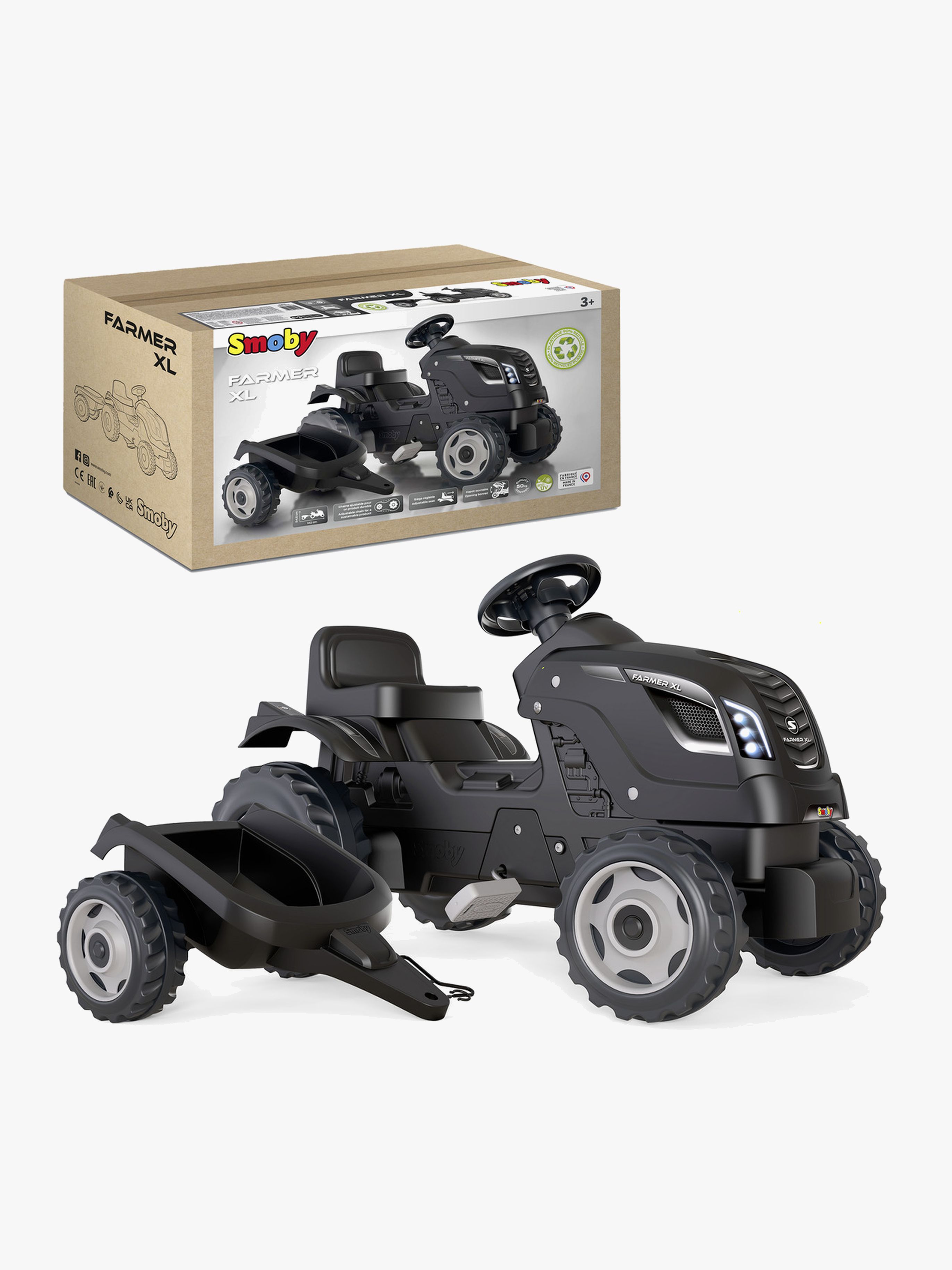 Smoby Farmer Polkutraktori + Peräkärry XL, Musta