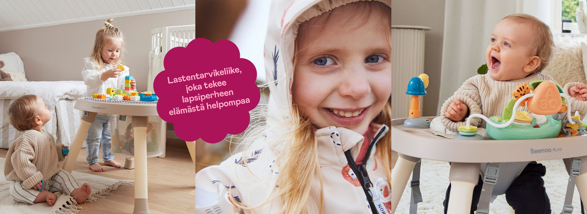 Kaksi lasta leikkii aktiviteettipöydän ääressä valoisassa huoneessa.