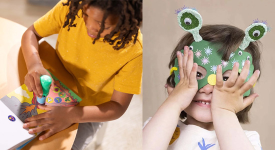 Två miljöbilder på pojkar som pysslar