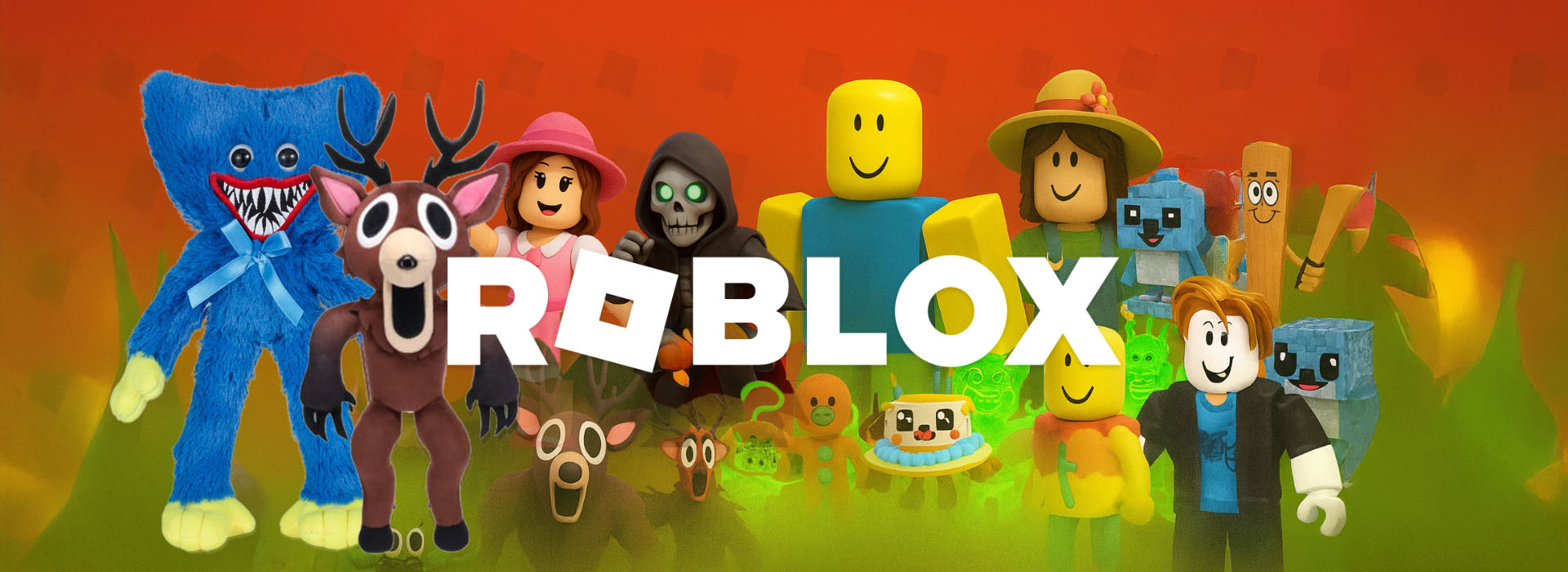 Värikkäitä Roblox-hahmoja, keskellä teksti 'ROBLOX'.