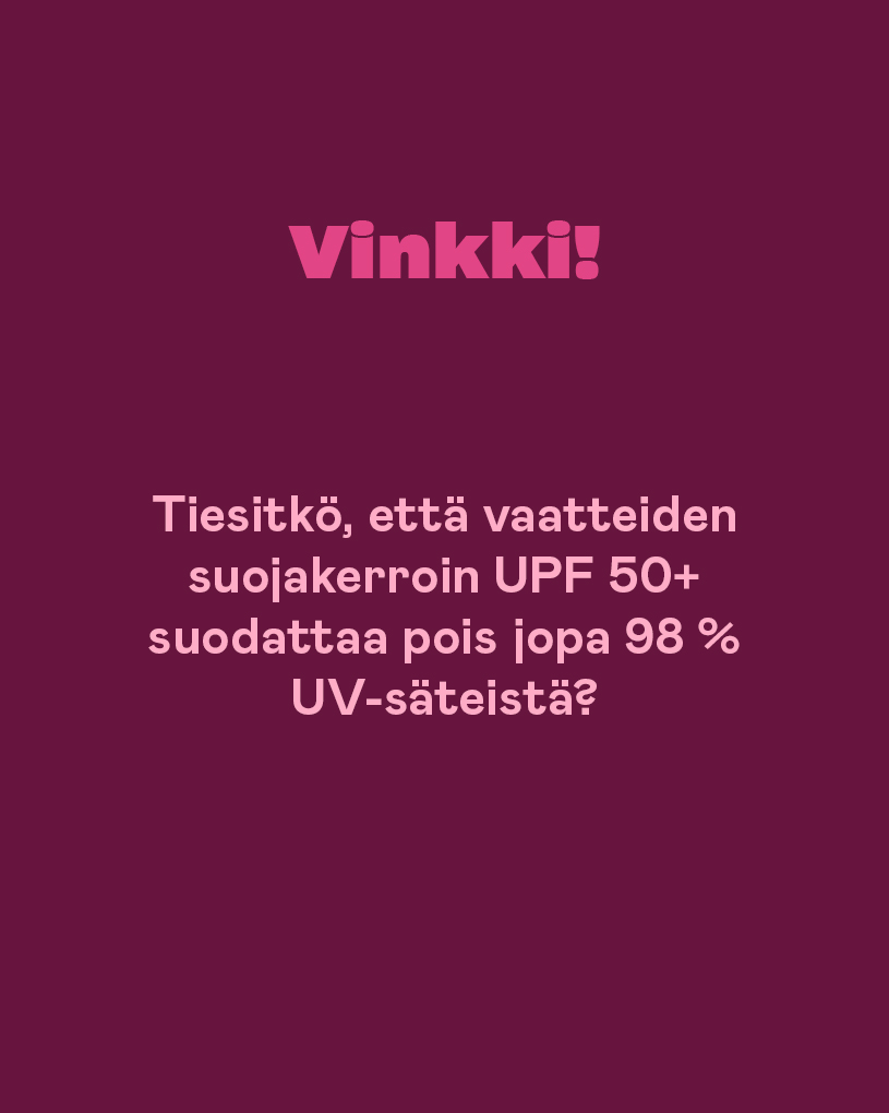 Keltainen tausta ja teksti UPF 50+ vaatteiden UV-suojasta.