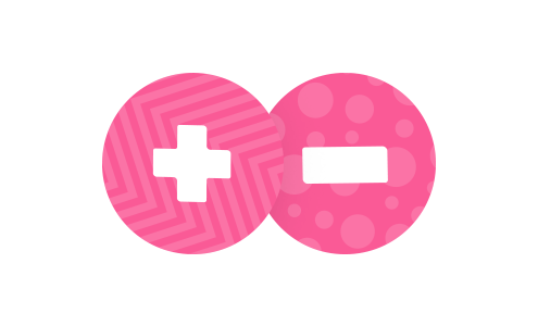 Kaksi vaaleanpunaista ympyrää, toisessa plussa, toisessa miinus.